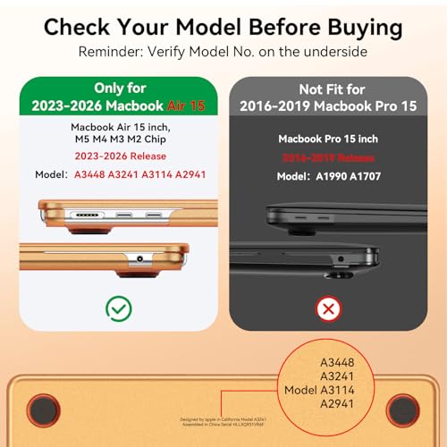 Image of EooCoo Compatible with MacBook Air 15 inch Case M5 2026-2023 M4 M3 M2 A3448 A3241 A3114 A2941, 100% Match Official Color, Upgrade Matte, Anti-Scratch Protective Hard Shell for Mac Air 15.3, Orange