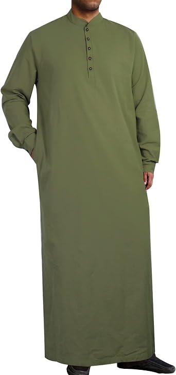 Jacansi Mens Muslim Buttoned Thobe Long Tunic, Oversized & Extra Long, Arabic Style with Pockets