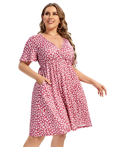 Image of ShopWonder Plus Size Dress Women's V Neck A-Line Knee Length Wrap Swing Dresses Plus Size A Line Party Mini Dress