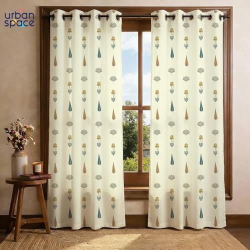 Image of Urban Space 100% Cotton Floral Curtains 8 Feet Long Set of 2, 60-65% Room Darkening, Decorative Curtains with Eyelets /Rings for Hanging, Tieback Included (Orchard Dark Teal, Long Door - 8 Feet)
