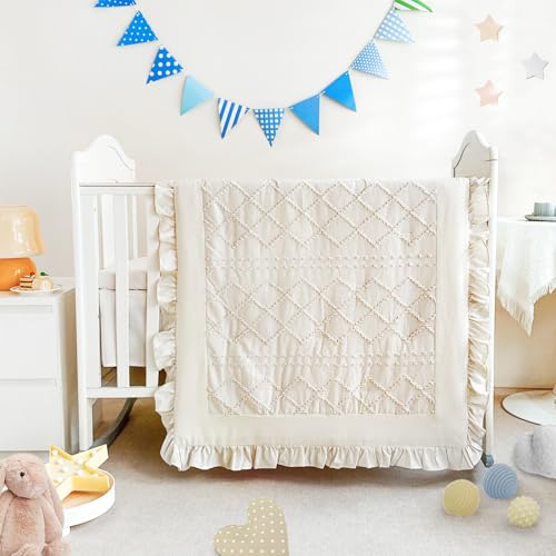 Image of Wowelife Crib Bedding Set for Girls, 3PCs Boho Crib Comforter Set Beige, Ruffle Baby Crib Bedding Set Nursery Bedding Sets for Girls and Boys, Include Quilted Comforter, Crib Skirt and Sheet, Beige