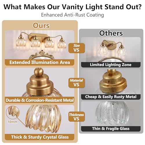 Image of Vintage Bathroom Light Fixtures, 4 Light Gold Bathroom Vanity Light, Matte Antique Brass Finish with Amber Crystal Glass Shade, Wall Sconces Lighting for Bedroom, Living Room(Amber-colored Glass)