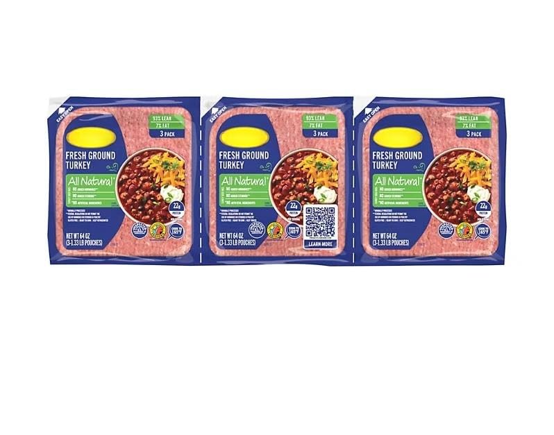 All Natural 93% Lean 7% Fat Lean Ground Turkey , 93% lean ground turkey meat the star of your favorite recipe for a low-fat, gluten-free meal. Always tender and juicy , With 19 grams of protein per serving , Enjoy this family-sized package of fresh turkey meat all year long for family dinners, party appetizers or grilled lunches 3 Pouches .. [ 64 oz , 4 Pound ]