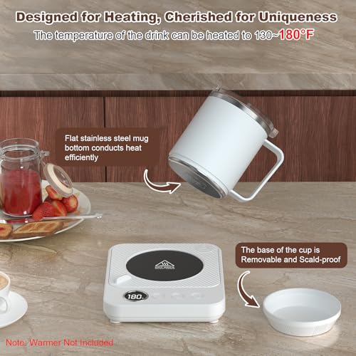Image of Felibeaco 16oz Heated Coffee Mug with Flat Bottom for Rapid Heating, Stainless Steel Heated Coffee Cup Suitable for Different Coffee Mug Warmer /Heaters, Heated Mug /Cup for Home and Office Desk,White