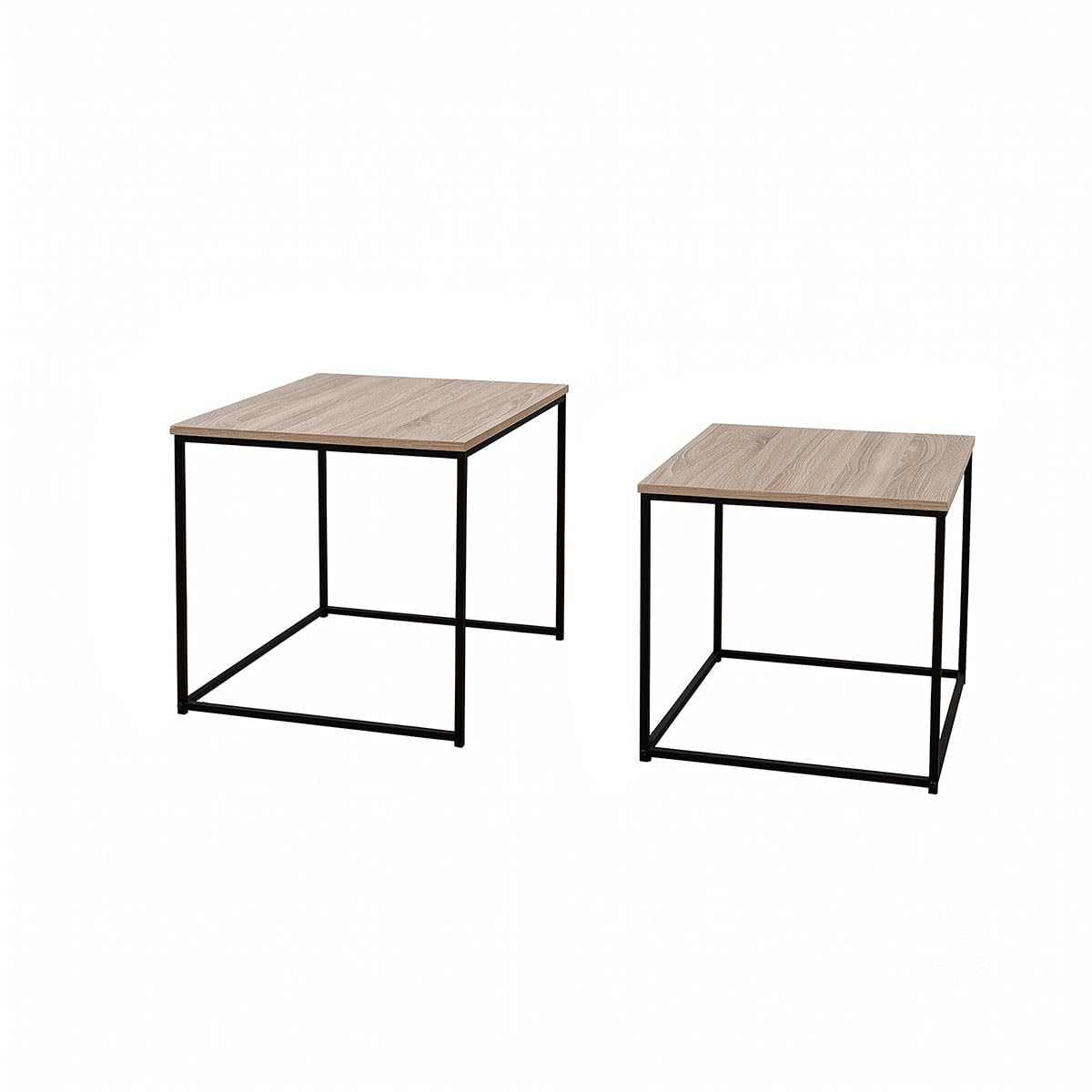 Set de 2 mesas de centro nido de madera natural y metal negro de 50x50cm | Estructura apilable de diseño moderno, auxiliar muy versátil para salón u oficina.