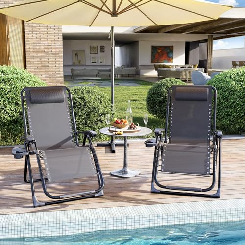 Gotland Set of 2 Zero Gravity Outdoor Sun Loungers for garden 2026 No Assembly Required Folding Garden Recliner Chairs with Cup Holder Adjustable Headrest Pillow - Textilene Mesh Basics Adjustable