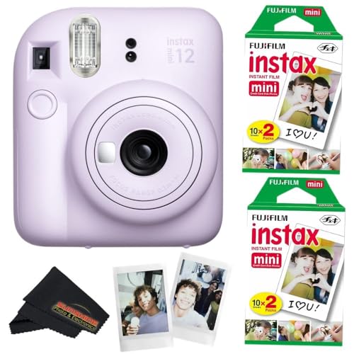 Fujifilm Instax Mini 12 Camera (Lilac Purple) with Fujifilm Instant Mini Film (40 Sheets) Bundle with + Sunshine Photo Microfiber Cleaning Cloth
