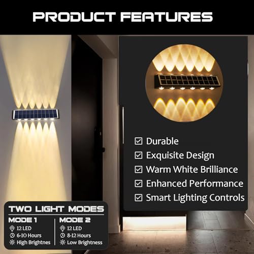 Image of Gigawatts 12 LED Solar Wall Light with 3W Panel On /Off Botton & 2.4Ah Battery Water Resistant Decor Deck Fence Lights Flood Lamp for Home Garden Terrace Patio (Set of 1, Warm White)