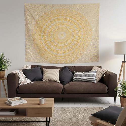 Image of Craft Trade 50x60 Inches Psychedelic Yellow Cotton Mandala Ombre Wall Hanging Tapestry