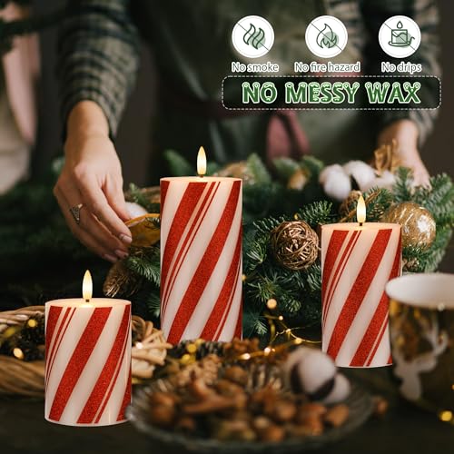 Image of Flameless Pillar Candles with Remote, Battery Operated Red Candy Cane Candles Real Wax, Flat Top Flickering Christmas LED Candle Decorations for Xmas, Home, Party Decor, Set of 3