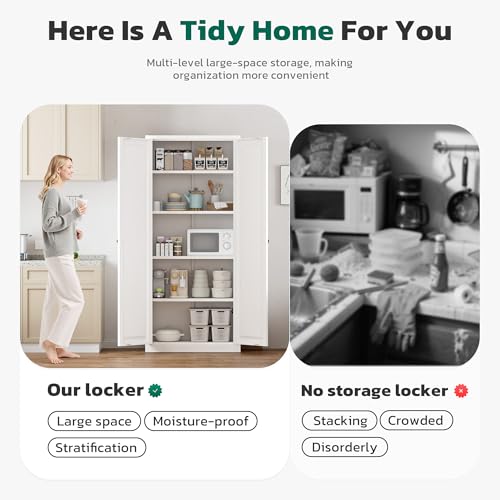 Image of Greenvelly Metal Storage Cabinet, 63 inch H White Metal Storage Cabinet with Doors and 4 Shelves, Steel Cabinets for Living Room, Office, School (White - Modern)