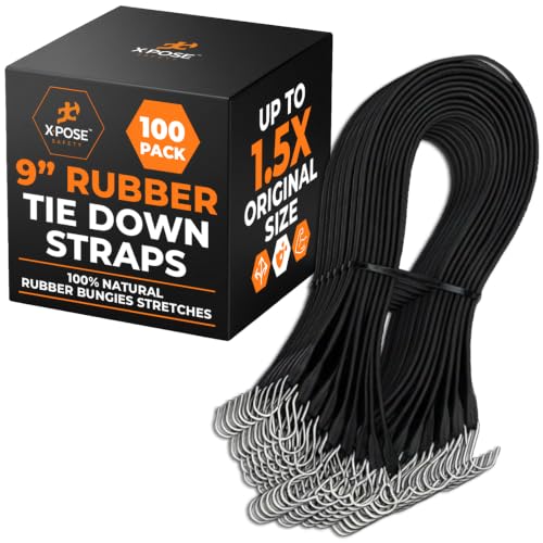 Image of Rubber Bungee Cords with Hooks 100 Pack 9 Inch (14 inch Max Stretch) Heavy-Duty Black Tie Down Straps for Outdoor, Tarp Covers, Canvas Canopies, Motorcycle, and Cargo - by Xpose Safety