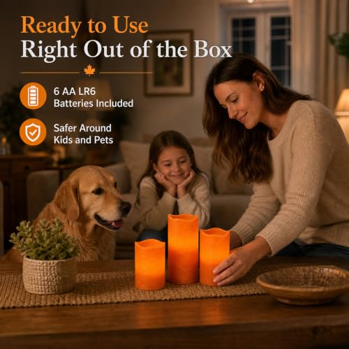 Image of Rhytsing Burnt Orange Real Wax Flameless Candles with Timer for Fall, 3 Pcs