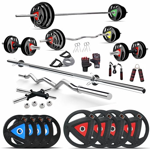 Image of DREAM FIT Rubber Coated Metal Integrated Weight Plates 30Kg Professional Home Gym Combo with 23mm 3ft curl rod, 23mm 5ft straight rod, 1 pair dumbbell rods with steel nuts and gym accessories (30kg set)