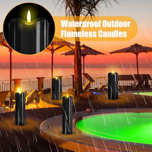Image of Rossesay 8 inch 10 inch 12 inch 14 inch X 4 inch Large Waterproof Outdoor Flameless Candles, 4 Pcs LED Pillar Candles with Remote and Timers Battery Operated Jumbo Flickering for Home Patio Church Lanterns(Black)
