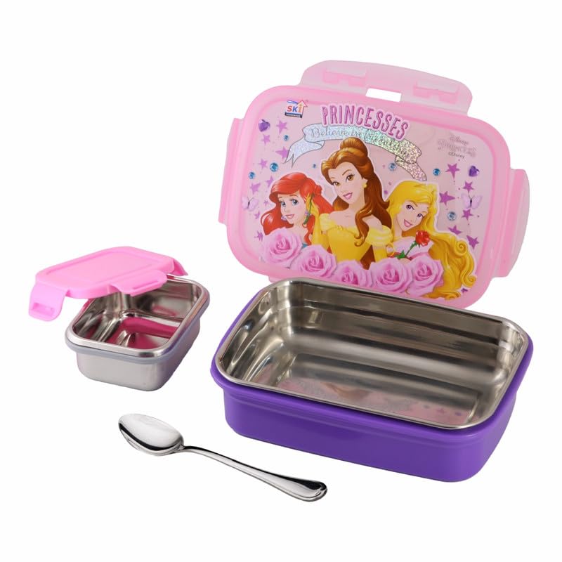 Image of SKi Homeware SnapLock Lunch Box for Kids with Stainless Steel Removable Inner Container +125ml dabbi + Spoon | Leak Resistant | Genuine Character Merchandise | Perfect for Birthday Gifts - Princess