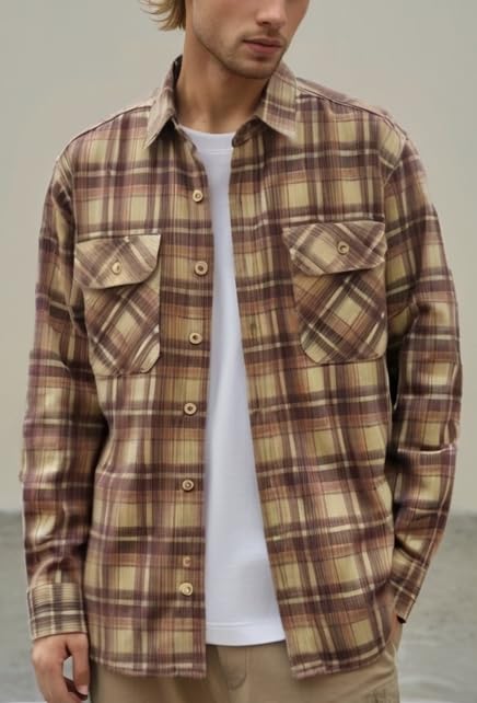 Men's Plaid Shirts Long Sleeve Button Down Washed Corduroy Shirts Casual Vintage Lightweight Shirt Jacket(Brown,L)3