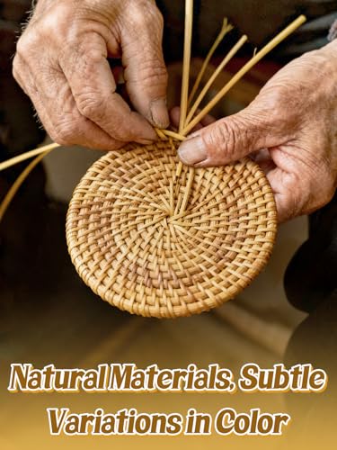 Image of 8Pcs Handmade Natural Rattan Coasters Set with Holder, Boho Coastal Decor | Farmhouse Aesthetic Drink Coasters, Home Kitchen Beach Decor, Housewarming Gifts