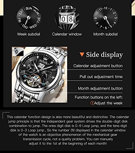 Image of OLEVS Self Winding Watches for Men Automatic Mechanical Skeleton Luxury Dress Waterproof Moon Phase Tourbillon Chronograph Stainless Steel Luminous Wristwatch