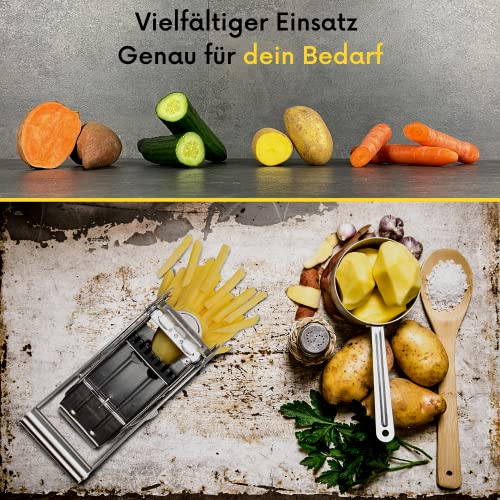Foto von Topcroft Pommesschneider Edelstahl, 2 Schneidegrößen für individuelle Pommesdicke, Rutschfester Gummifuß, Gemüseschneider für einfachen & gesunden Pommesgenuss, Pommespresse, Frittenschneider