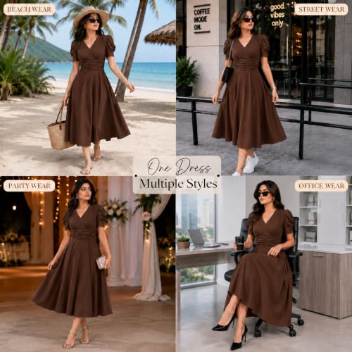 Image of Preneum Girl's & Women's Solid Color V-Neck A-Line Maxi Dress for Women | New Year Party Outfit | Waist Cinched Puff Sleeve Western | Elegant Casual Wear (Availble in Plus Size)