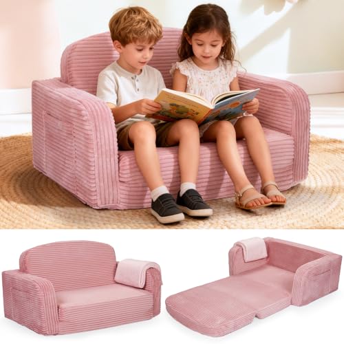 Foryoomi Extra Wide 2 in 1 Convertible Toddler Kids Couch - Corduroy Fold Out Kids Sofa Chair with Blanket, Comfy Comfortable Toddler Chair, Machine-Washable Cover, for Boys Girls, Pink