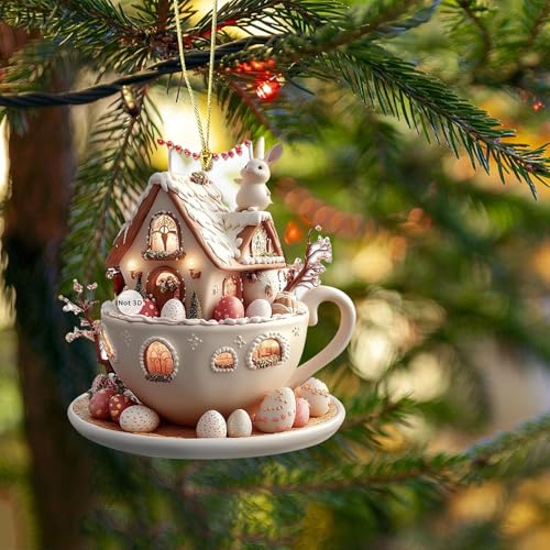 Iamred 5 Stück Ostereier Hasenhaus Tasse Anhänger, Eierhaus Osterbaumschmuck, Osterdeko Baumschmuck Flaches Haus, Ostereier Ornamente Anhänger 2D Acryl Ostern Deko Fenster für Innen Draußen