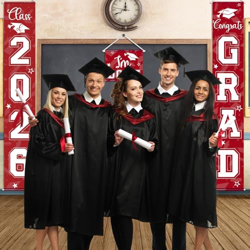 Image of Moukeren 3 Pieces 2026 Graduation Party Decorations Graduation Porch Sign Class of 2026 Grad Hanging Porch Banner Backdrop Door Sign for Grad Party Home Door Wall Decor(Red)
