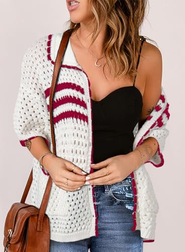 Image of Dokotoo Womens Summer Cardigans Short Sleeve Crochet Cardigan Sweaters Collar Neck Color Block Vacation Outfits