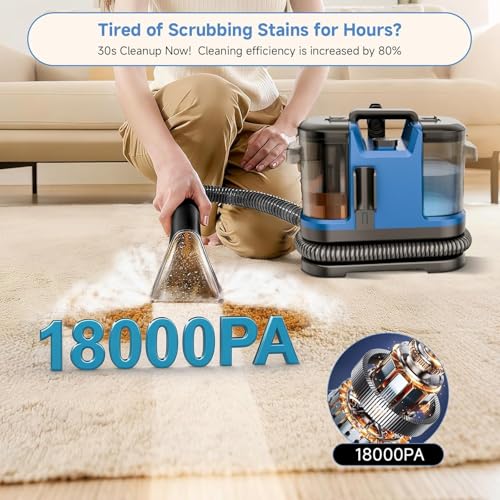Image of Portable Carpet & Upholstery Cleaner Machine, Handheld Spot Cleaner with Dual Brush, 18KPa Suction, Large Removable Tank for Couch, Car, Stairs, Rugs & Pet Stains, Blue