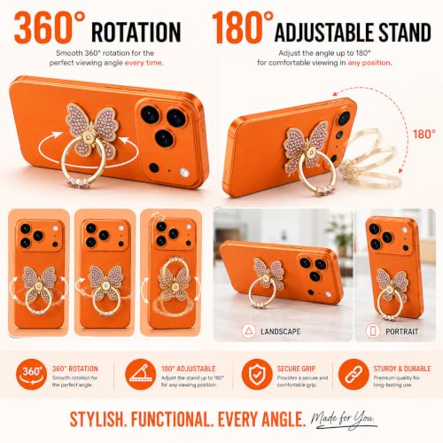 Image of Mizi Butterfly Phone Ring Holder, 2 Pack Luxury Rhinestone Finger Ring Stand Grip, 360 Rotating & 180 Adjustable Metal Kickstand, Strong Adhesive for iPhone, Samsung & All Smartphones - Pink