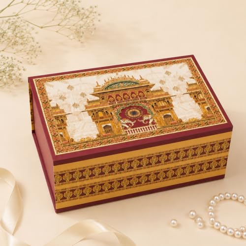 Image of Kura by Ekhasa Large Foldable Gift Box (26.5 x 21 x 11 cm) | Magnetic Closure, Traditional Printed Temple Design, Saree Packing, Hamper Packaging, Wedding, Festive & Housewarming Gifting