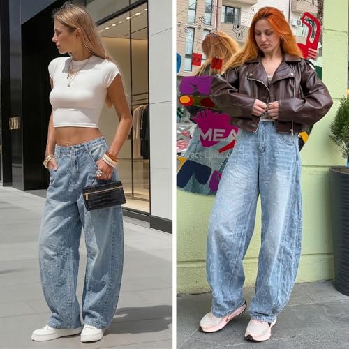 Image of EXLURA Womens Barrel Jeans Wide Leg Y2K Boyfriend Denim Pants Hip Hop Vintage Baggy Jeans Cotton Mid-Low Elastic Waist Pants