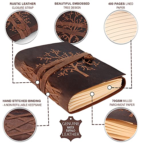 Leather Journal Lined Notebook - Embossed Tree of Life Journal for Women, 7 x 5 Inches Mens Diary Drawing Notebooks - 400 pages - Lined Paper College Ruled - Inspirational Gifts for Women MOONSTER®