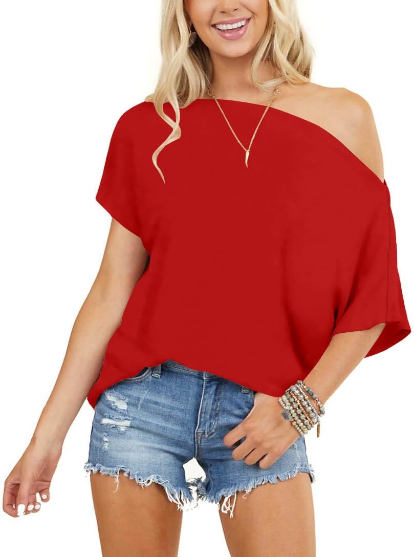INFITTY Women's Off Shoulder Tops Short Sleeve Casual Loose Batwing Shirts Oversized Blouse Tunic - Image 2