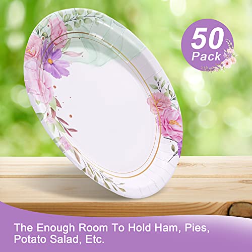 Tyzarglef 50 Count Floral Oval Paper Plates, 10" X 12.5" Large Disposable Dinner Serving Platters For Spring Easter Mothers Day Tea Party Decorations #TOP4