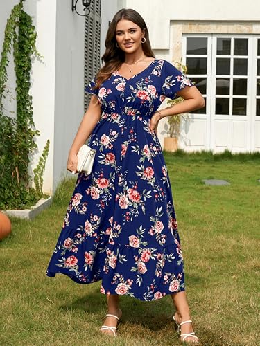 Image of RWJ Women Plus Size Maxi Dress V Neck Short Sleeve Button Trim Split Flowy Tiered Casual Long Dresses 2025 L-3XL