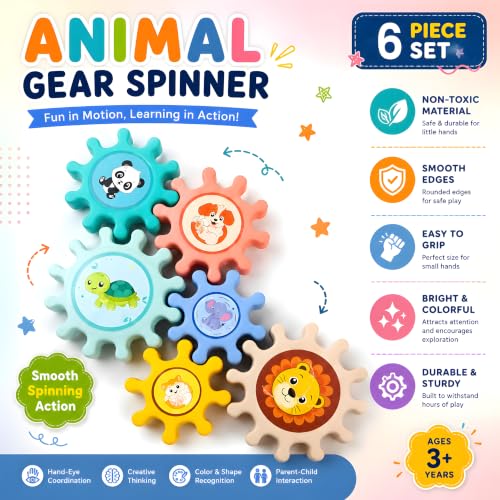 Image of Cable World Baby Gear Spinner Toys for Kids, Interlocking Spinning Gears with Animal Design, Sensory & Fine Motor Skill Toy, Educational STEM Learning Toy for Infants & Toddlers 6+ Months, Pack of 6