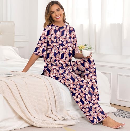 Image of PrinStory Womens Pajamas Sets 2 Piece Lounge Set Short Sleeve Tops and Long Pants Soft Pjs Loungewear with Pockets
