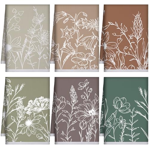 Bencailor 6 Pcs Vintage Floral Kitchen Towels Retro Spring Wildflower Dish Hand Towels Boho Neutral Botanical Absorbent Tea Kitchen Cloth 16 x 24(Mixed Colors Flowers Plants)