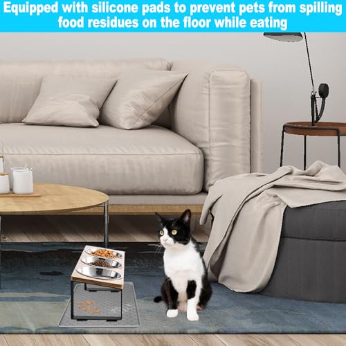 Exquilnova Katzennapf Erhöht, 3er Futternapf Katze aus Edelstahl, 15° Gekippte Futterstation Katze mit Napfunterlage Silikon und Metallhalter Fressnapf und Wassernapf für Katzen, Kleine Hunde