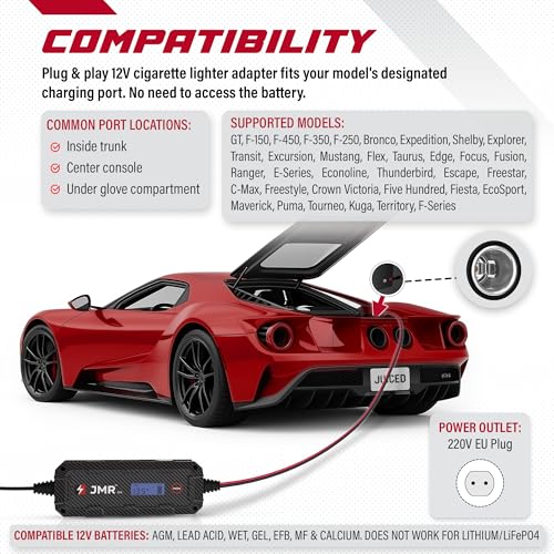 JMR Battery Charger for Ford GT F-150 F-450 F-350 F-250 Bronco Expedition Shelby Explorer Transit Excursion All Models Trickle Charger Conditioner Maintainer (No Lithium Mode)