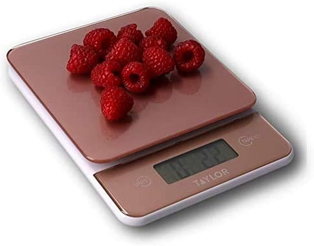 Taylor Digital Glass Kitchen Scales, Stylish Compact Food Weigh Scales with Precision Accuracy and Tare Function, Rose Gold, 5 kg Capacity