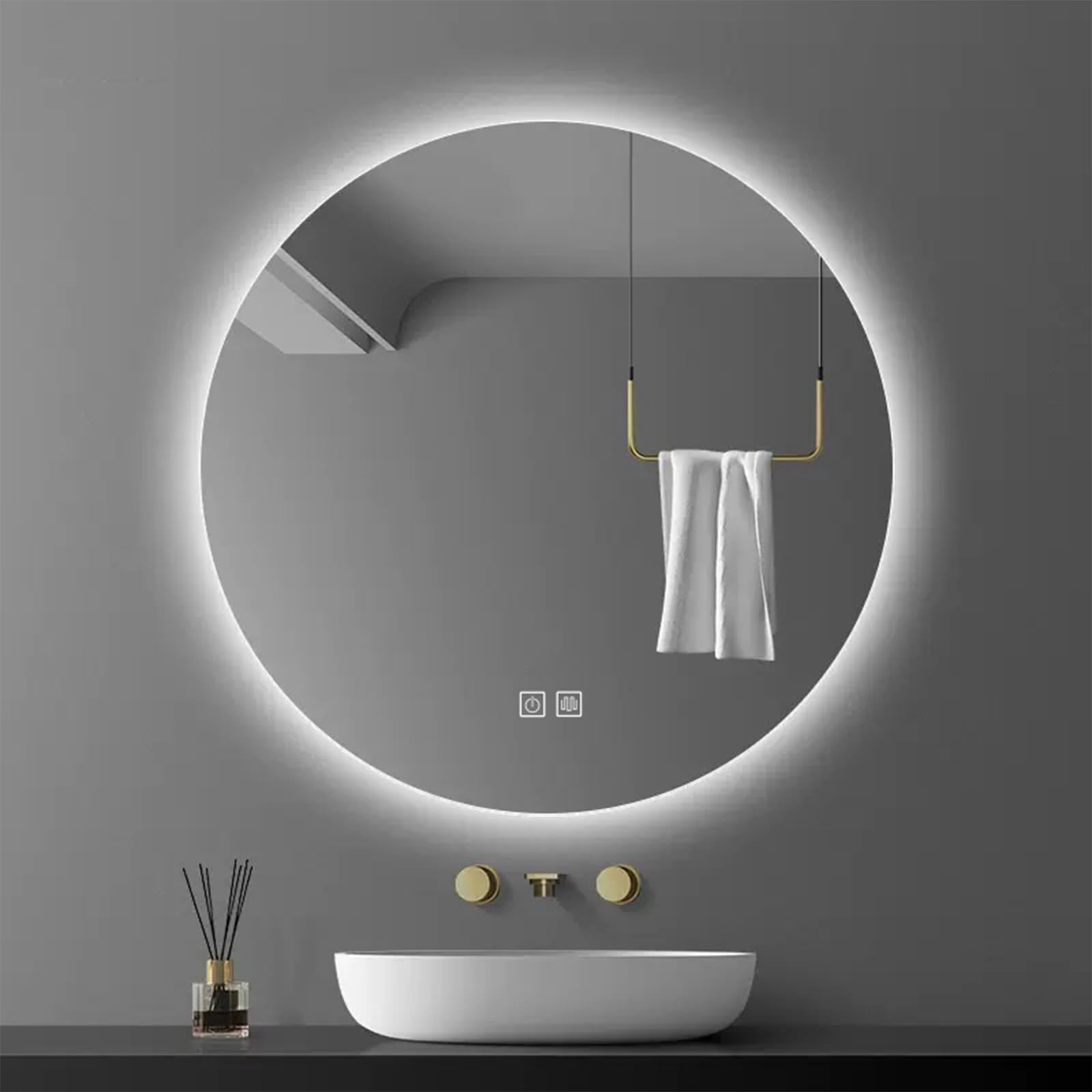Runder Spiegel,Eitelkeitsspiegel,Spiegel Wanddekoration,Schlafzimmer Eitelkeitsspiegel,Schwarzer Badspiegel, Wandspiegel,Badezimmer Smart Touch,Entnebelung,Dreifarbiger Lichtspiegel,Runder Spiegel(39.