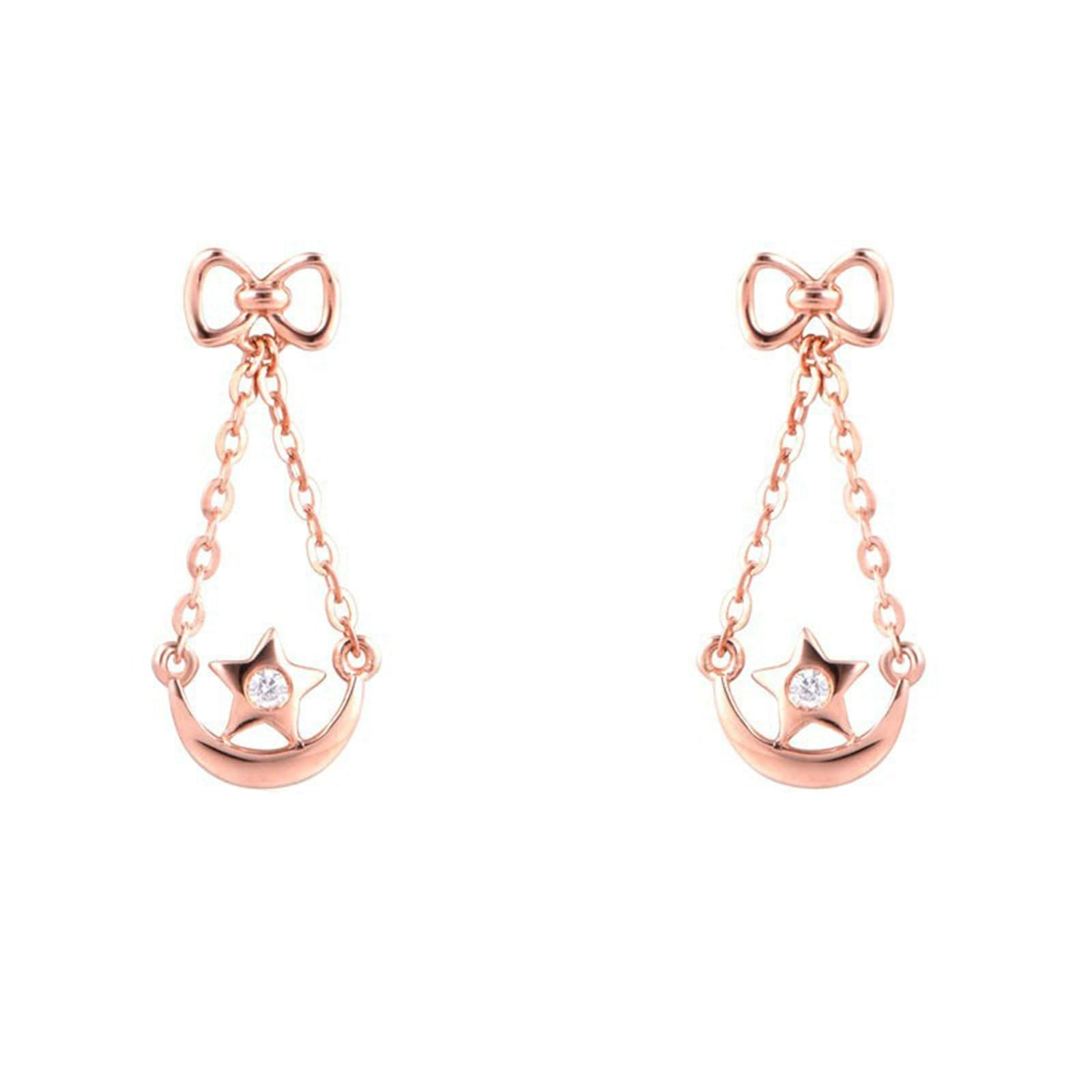 Ohrstecker für Damen, Ohrringe aus 9/18-karätigem Weißgold, Schleife, Mond und Stern, mit runden Diamant-/Moissanit-Ohrringen
