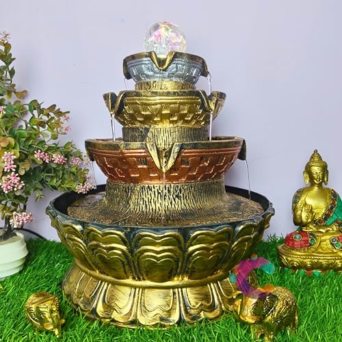 Image of Four Step Table Top Round Decorative Water Fountain for Home Decor /Office /Indoor & Outdoor /Garden /Puja Room /Vaastu (Golden, C-068-02)