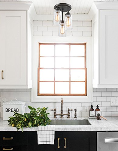 Image of DAYCENT Vintage Farmhouse Flush Mount Ceiling Light Fixture Hallway Kitchen Lighting with Cylinder Seeded Glass, 3-Light, Oil Rubbed Bronze