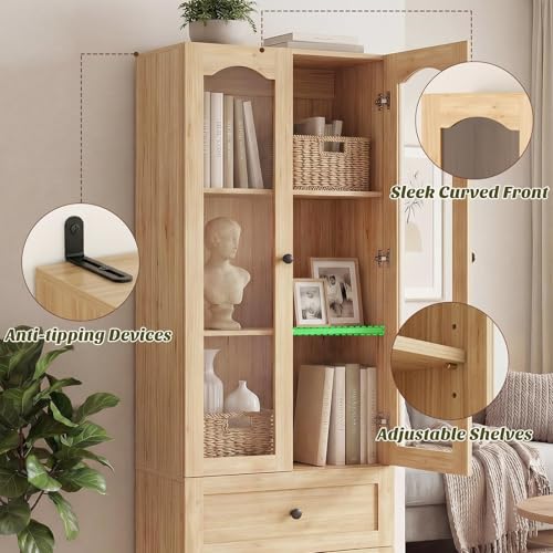 Image of Cyclysio 80 inch Tall Pantry Cabinet for Kitchen Storage, Natural Oak Pantry Cabinet with Glass Doors & 3 Drawers - Freestanding Storage Bookcase with Built-in Baseboard Notch for Dining, Living Room