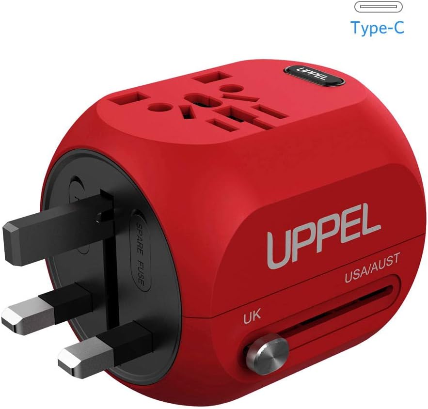 International Power Adapter, UPPEL Travel Adapte European Adapter Wall Charger Power with USB/Type-C Port Support 100V-240V for US,AU,Asia,Europe,UK Plug Adapters Compatible (Red)