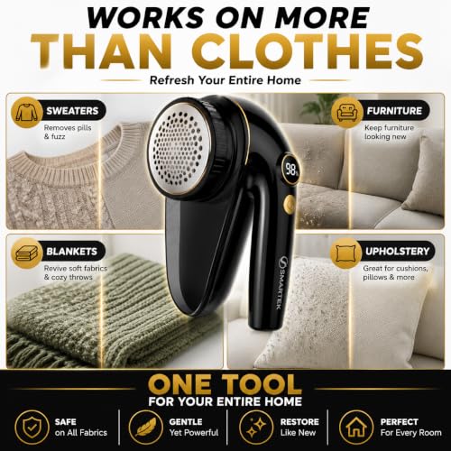 Image of Smartek Fabric Shaver Fuzz Remover, Electric Lint Remover for Clothes, Sweater Shaver to Remove Pilling, Couch Cleaner (Rechargeable)